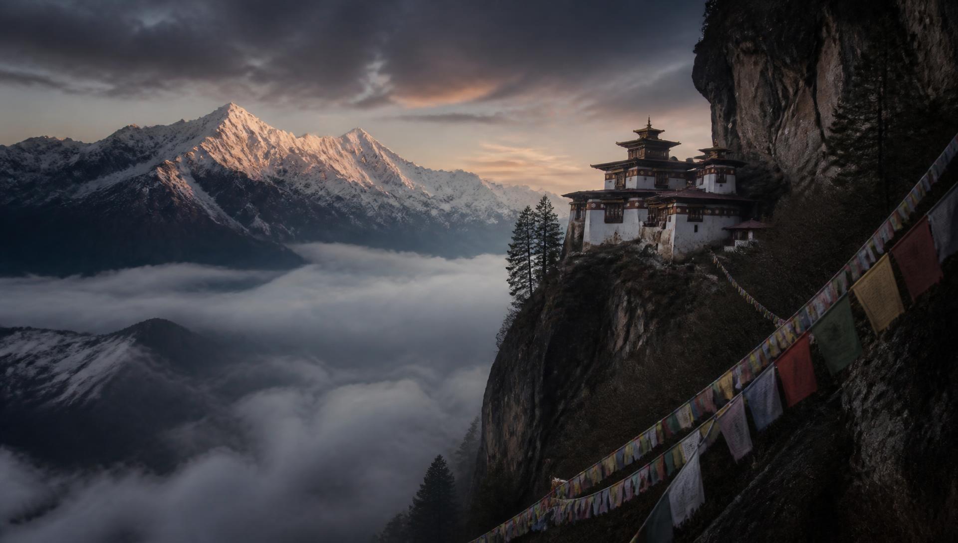 Himalayan peaks and a cliffside dzong in Bhutan at dawn