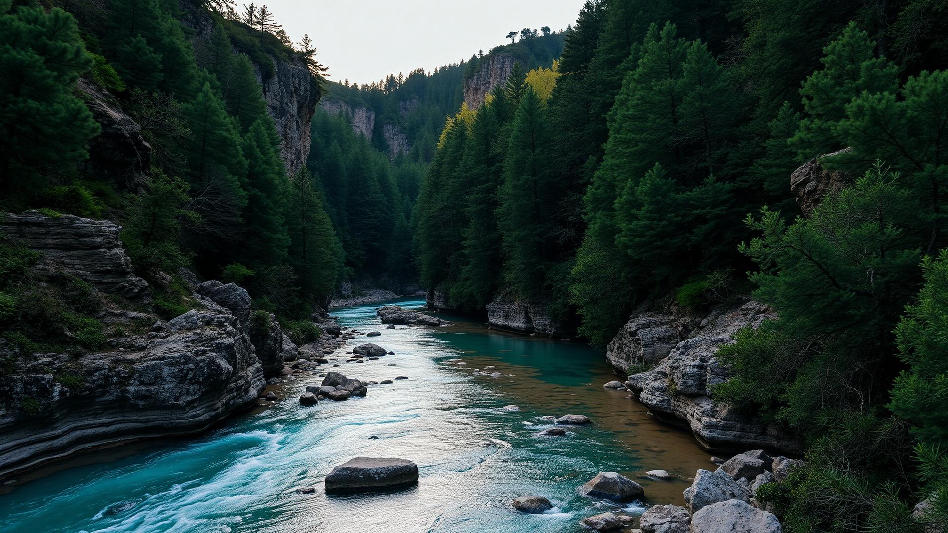 Turquoise river running through the wooded limestone gorges of the Serranía de Cuenca