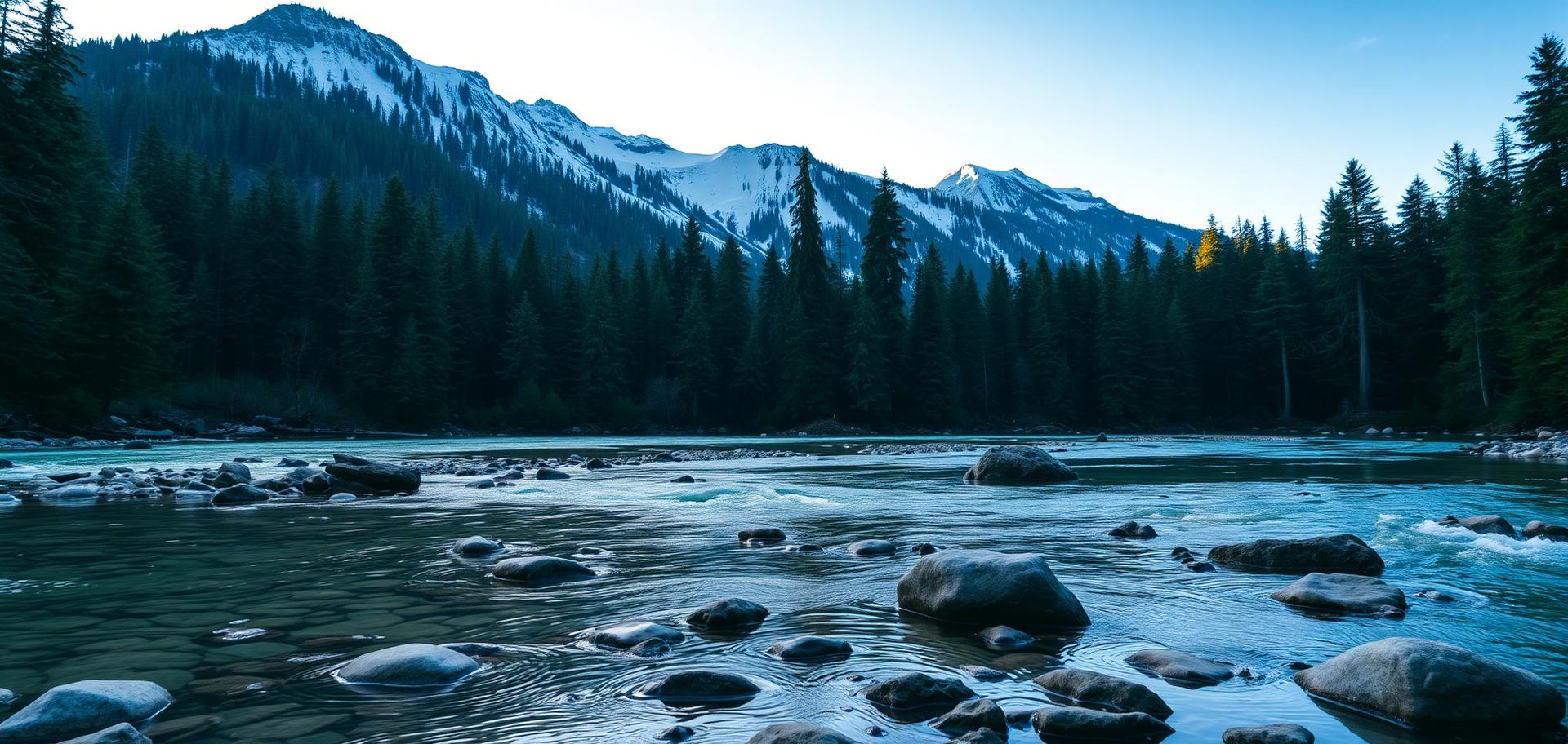 Mountain spring river beneath snow-capped peaks in the Pacific Northwest