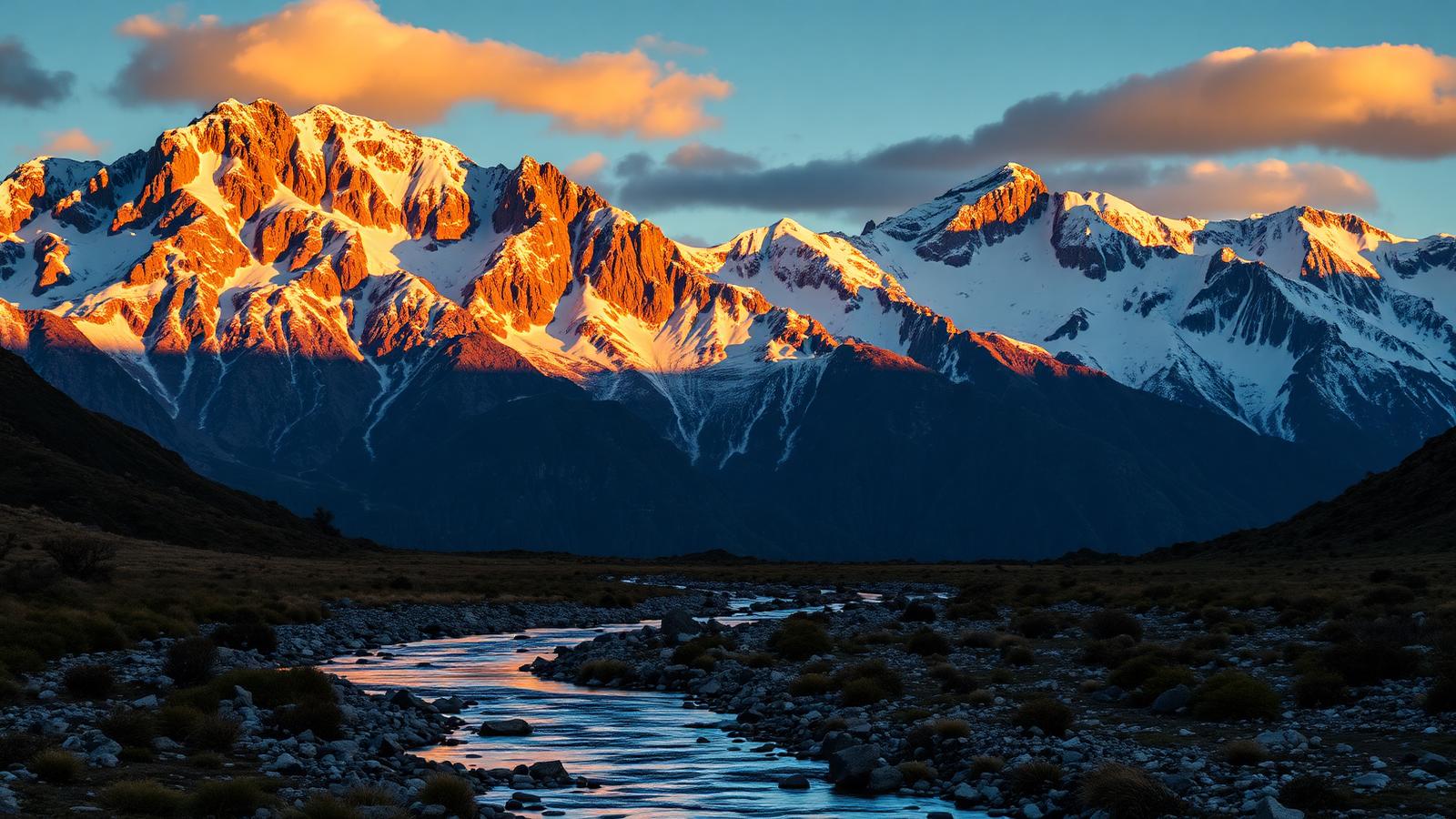 Snow-capped Andes peaks above an alpine spring stream at golden hour