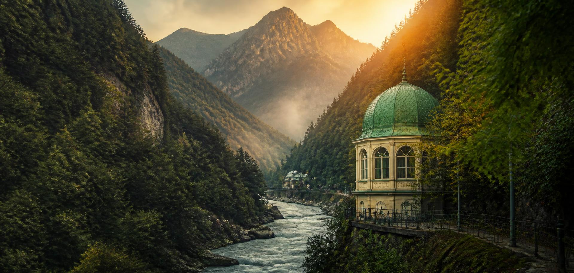 The Borjomi Gorge in Georgia with a river running between forested mountains at golden hour