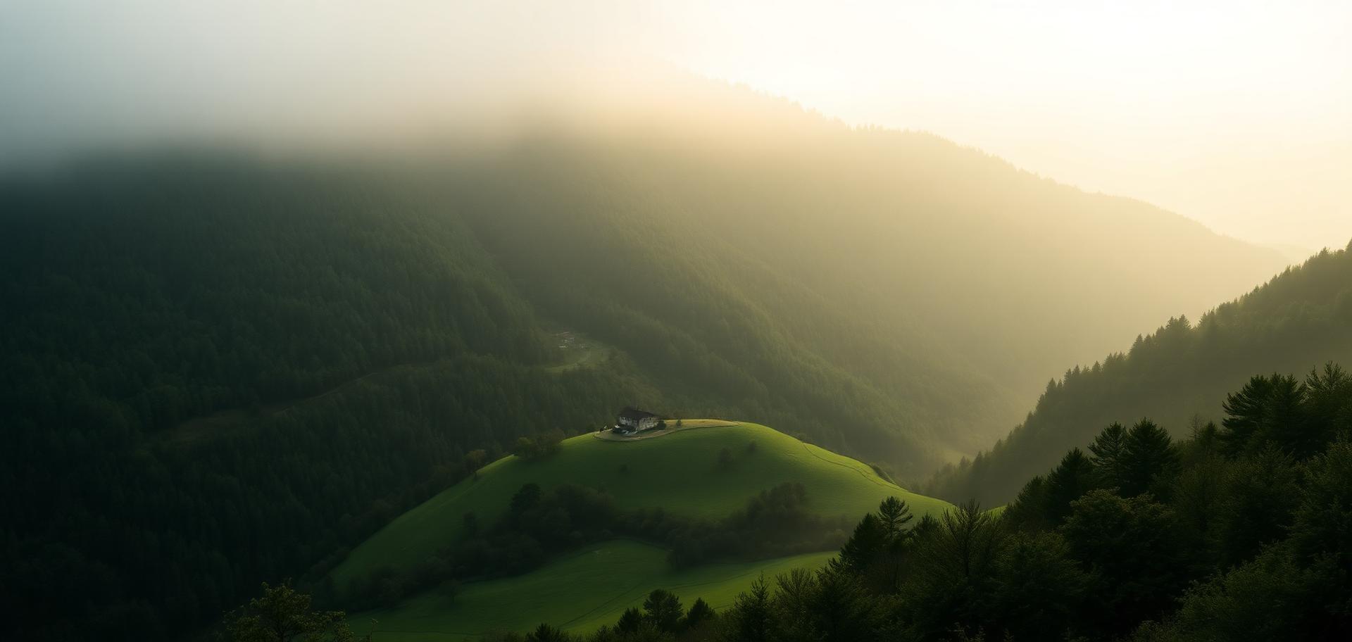 Misty green Basque Country valley with a stone farmhouse at dawn