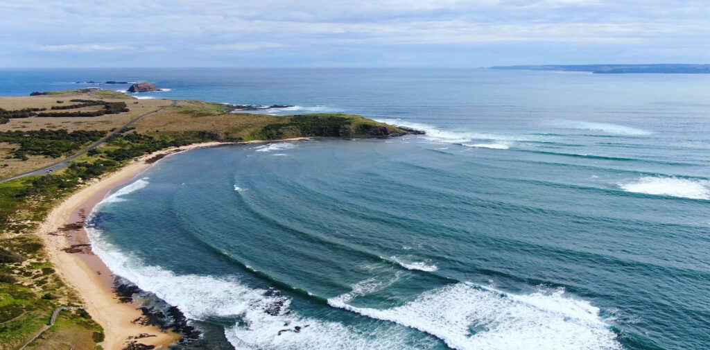 Aerial view of a surf bay on Victoria's southern coast, Australia