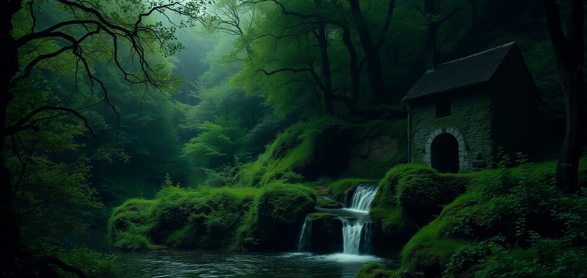 Waterfall and old stone spring house in a lush green French forest
