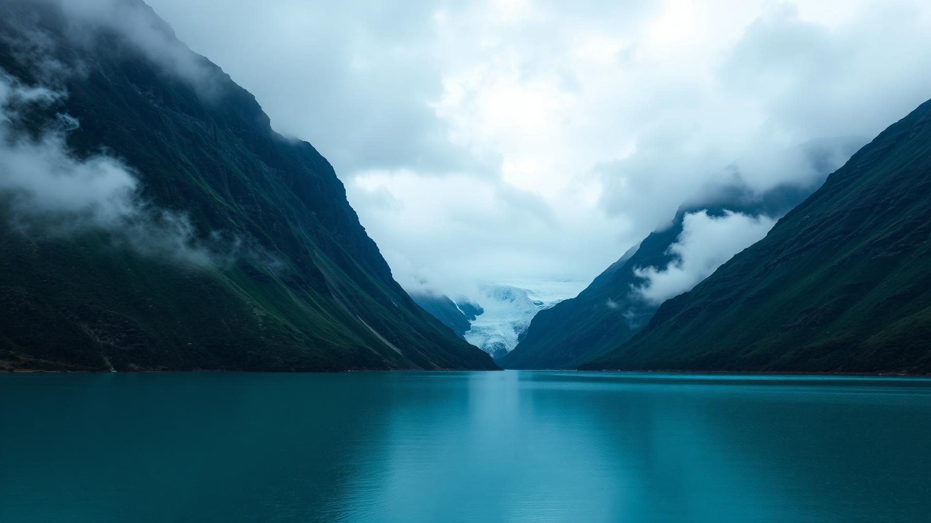 Glacial lake between steep green mountains in the South Island of New Zealand