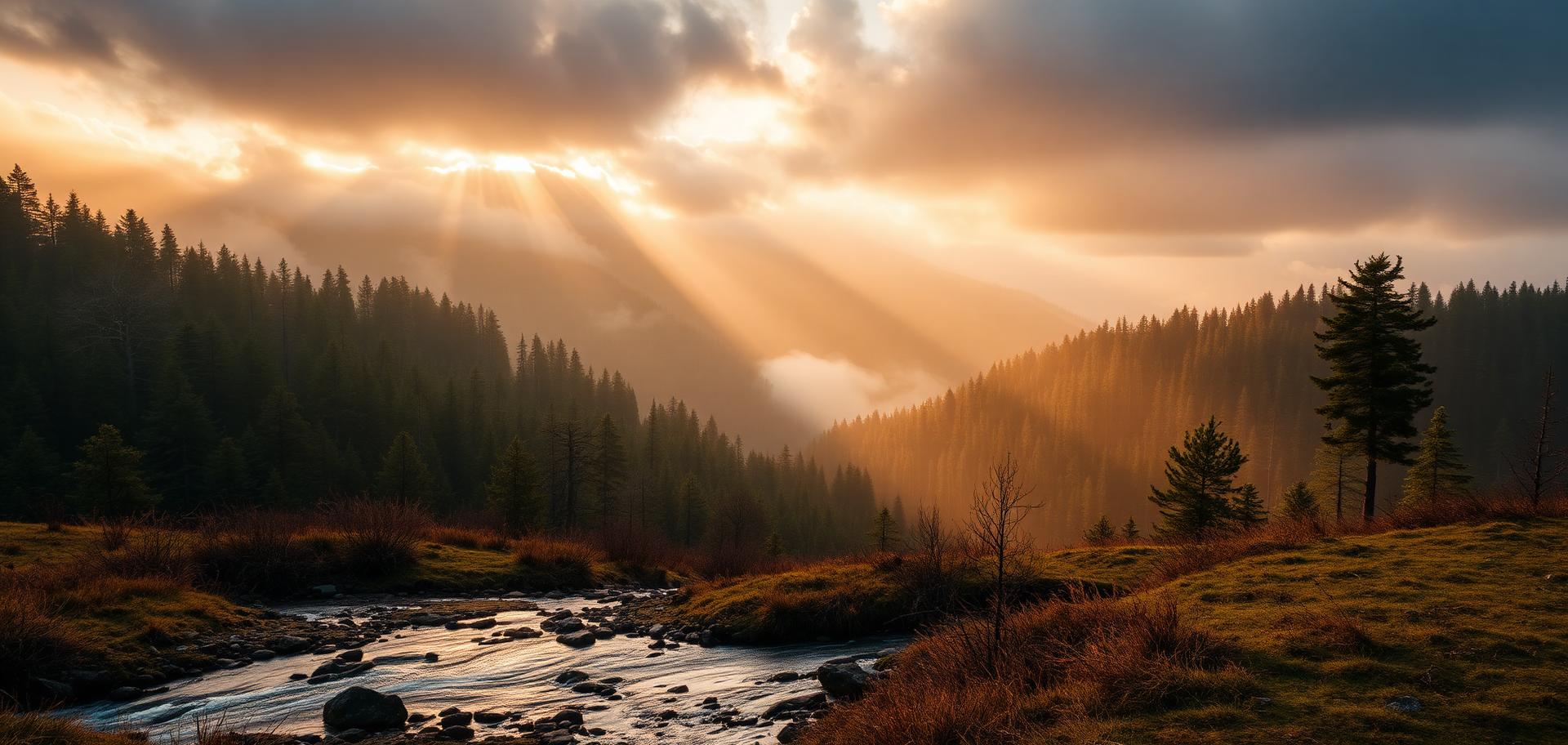 Sunbeams over forested ridges of the Eastern Carpathians with a mountain stream in the foreground