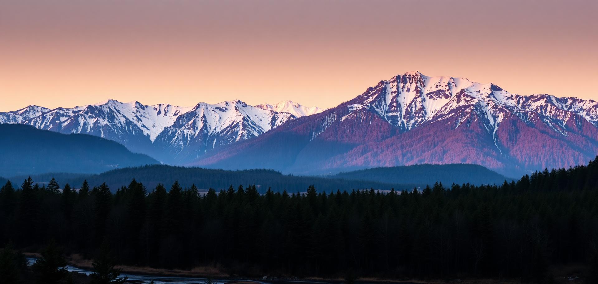 Snow-capped French mountain peaks above pine forest at dawn