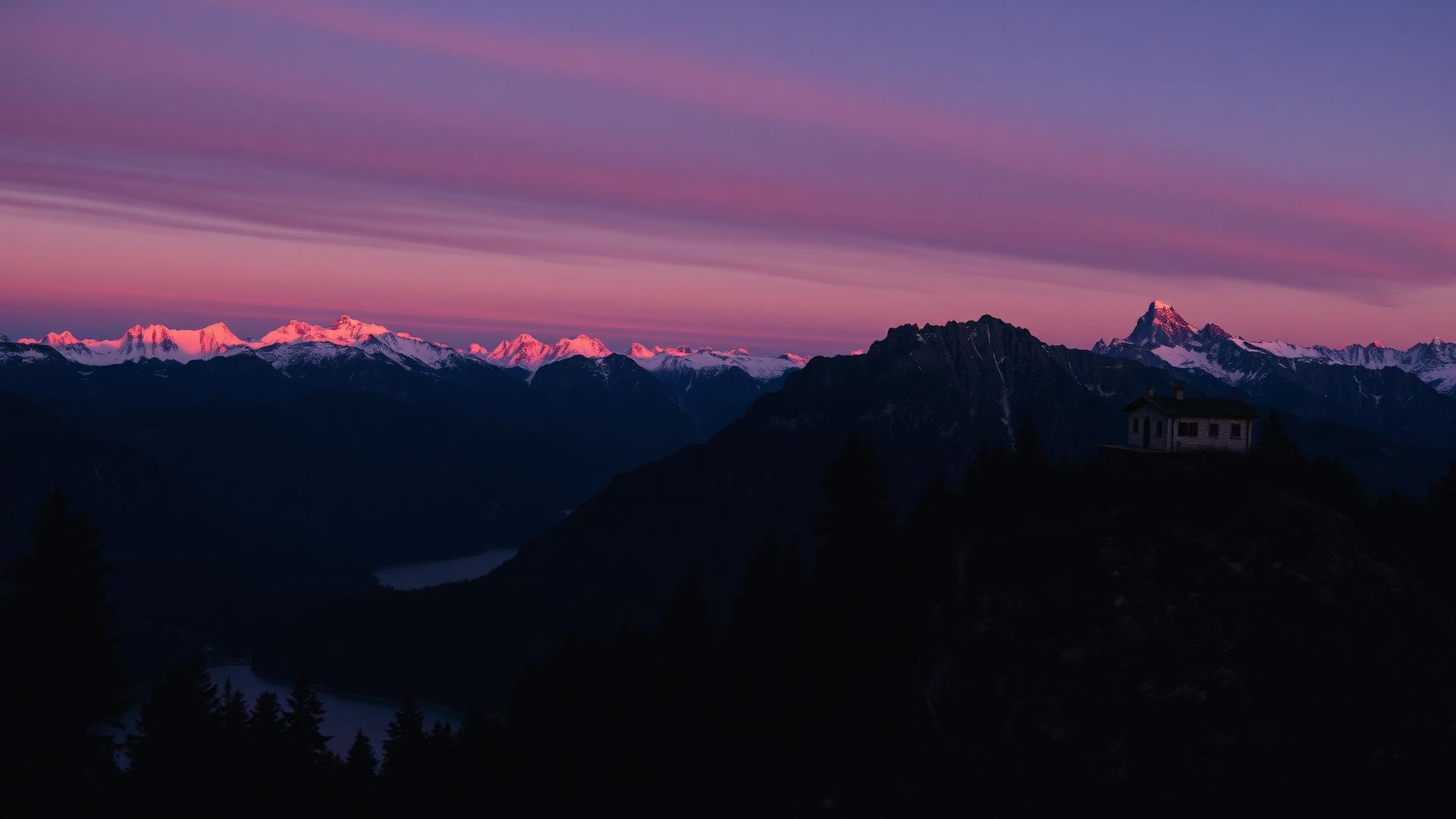 Alpenglow over the snow-capped Italian Alps above a dark alpine lake in the Veneto region