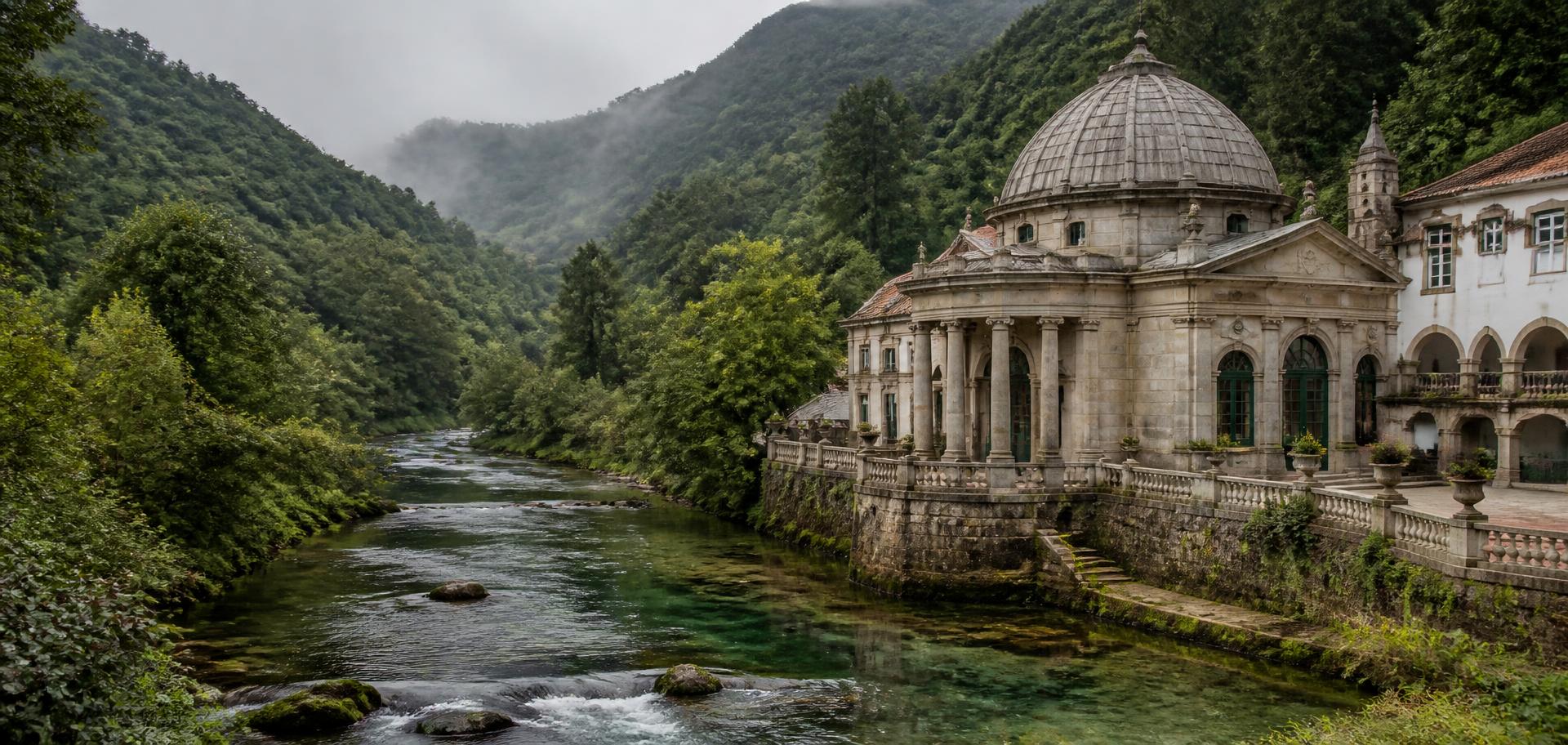 Green Galician river valley with a historic spa pavilion beside clear water