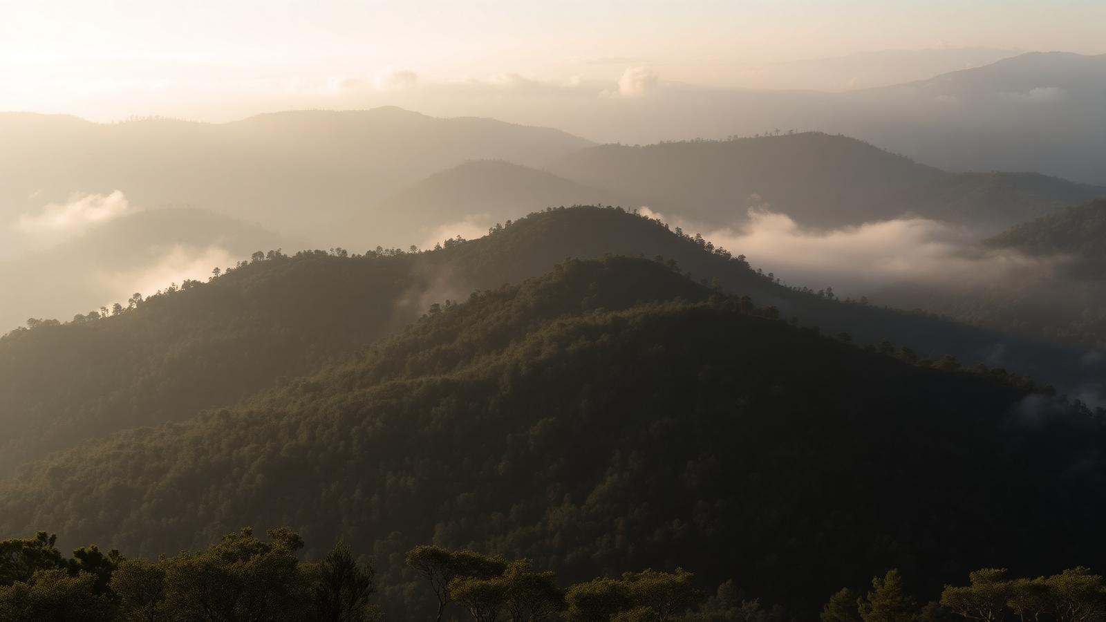 Misty forested volcanic hills of the Garrotxa at dawn