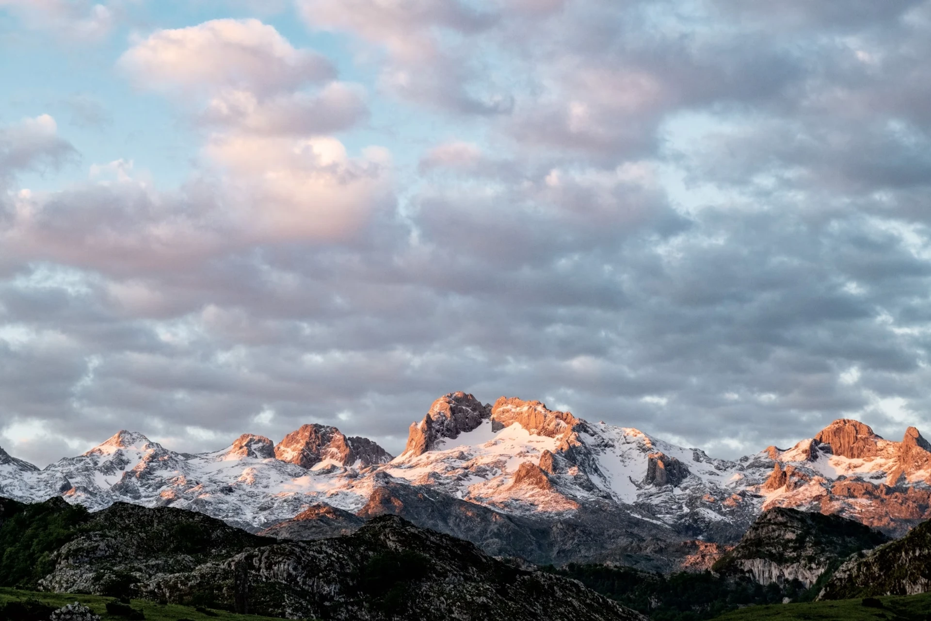 Snow-dusted peaks of the Picos de Europa at dawn